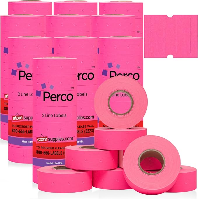 Perco 2 Line Fluorescent Pink Labels - 60,000 Blank Price and Date Gun Labels for Perco 2 Line Price and Date Guns - 80 Rolls, 10 Sleeves - Made in USA