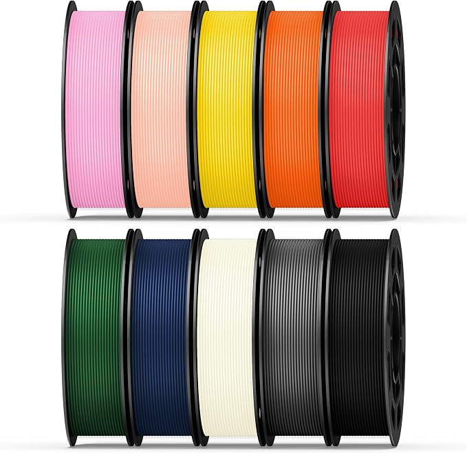 10 Color Bundle PETG 3D Printer Filament 1.75mm, Individually Vacuum Packed, 0.2kg Spool, 10 Pack, Total 2kg, Black+Cream White+Grey+Red+Dark Blue+Green+Orange+Pink+Beige Skin+Yellow