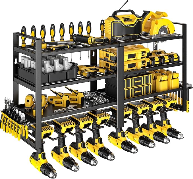 Power Tool Organizer Wall Mount, 4 Layer Heavy Duty Metal Power Tool Storage Rack, 8 Drill Holders Wall Mount, Utility Racks Cordless Tool Storage Rack for Garage Workshop