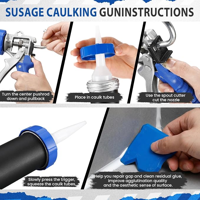 Lasnten Sausage Caulk Gun Kit 600ml/20oz Heavy Duty Silicone Sausage Gun Thrust Ratio 25: 1no-drip Rotating Aluminum Tube Body and Caulking Tools, Sealant Grout Scraper for Kitchen Bathroom Sink Joint