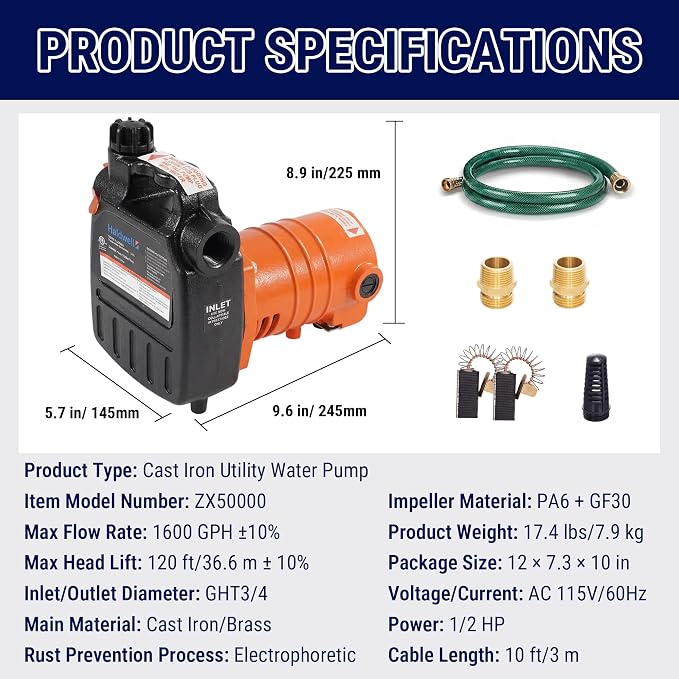 HoldwellS Cast Iron Water Transfer Pump 115V AC, 1600 GPH, 1/2HP, 120FT H | Portable Pump with Carbon Brush, Filter, Brass Connectors, for Garden, Rain Barrel, Pool, Pond, Hot Tub, Aquarium Draining