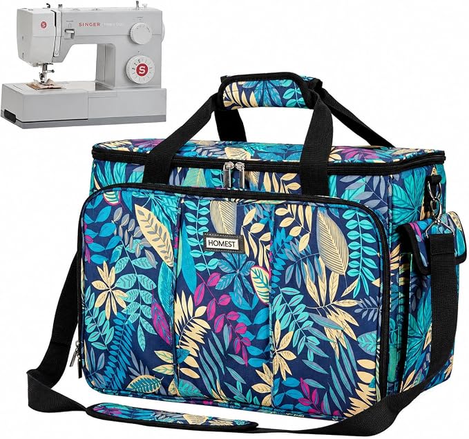 HOMEST Sewing Machine Carry Case, with Shoulder Strap and Front Pocket | Fits most standard Singer, Brother and Janome machines, with storage pockets for sewing accessories and tools, Floral
