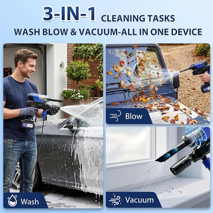 Cordless Pressure Washer, Portable Pressure Washer with 2 Batteries, 3-in-1 Handheld Power Washer for Wash, Blow & Vacuum, 5-in-1 Nozzle, Battery Powered Pressure Washer for Car, Patio & Home Cleaning