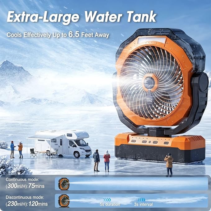460ml Tank Portable Misting Fan,36000mAh Rechargeable Battery Powered Camping Fan with 4 Speeds,3 Timers,2 Light Modes,Jobsite Beach Summer Essentials,Mist Fan for Indoor Outdoor Patios Travel,Orange