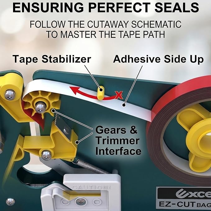 ICO by Excell ET-605K EZ-Cut Tape Bag Sealer - Heavy Duty Metal Bag Neck Sealer with Integrated Trimmer & Stabilizer - Fits 1/2" (12mm) Tape on 3" Core - for Bakeries, Produce, Hardware & Meat Bags