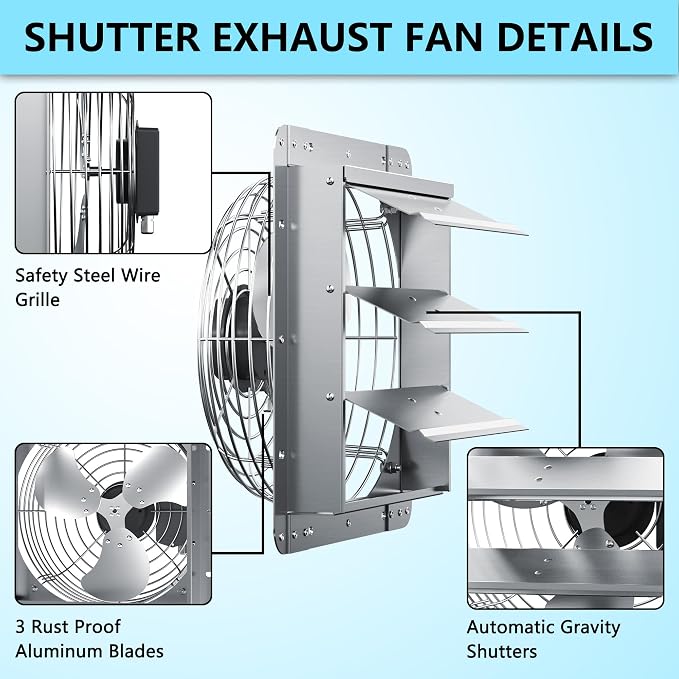 10 Inch Shutter Exhaust Fan, Aluminum Wall Mounted Exhaust Fan, 844 CFM High Speed Automatic Shutter Attic Fan, Vent Fan For Greenhouse,Shed,Shop,Garage