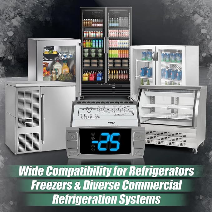 32-bit Enhanced XR06CX-4DAFILS Temperature Controller, Replaces Dixell XR06CX for 110-125V 50-60Hz Commercial Fridges/Freezers, Digital Thermostat, Voltage Protection & Reset, Blue Screen