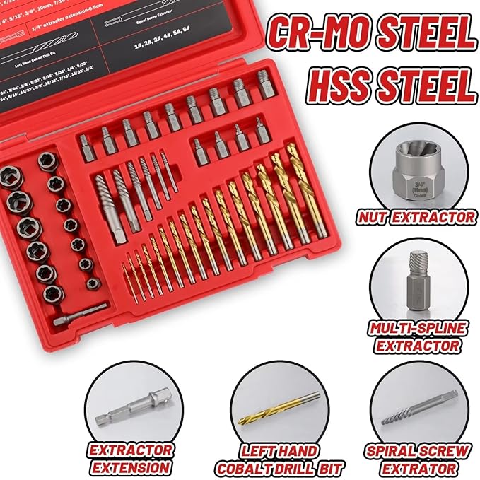 53 Pcs Spiral Screw Extractor Bolt Extractor Set, 6542/4341 HSS Left Hand Drill Bit Set, Easy Out Bolt Extractor Set Multi-Spline Stripped Bolt Remover for Broken Rusted Nuts Bolts Screw