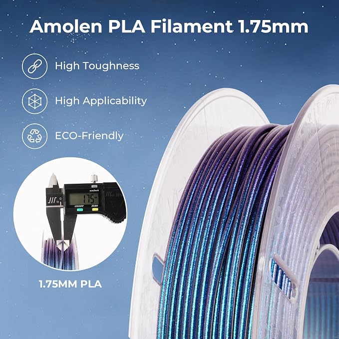 AMOLEN PLA 3D Printer Filament,PLA PrintingFilament Starry Sky Series Pla 1.75mm Bundle, Starry Sky Dark Purple/Green/Blue/Purple Red, 4x200g Pack