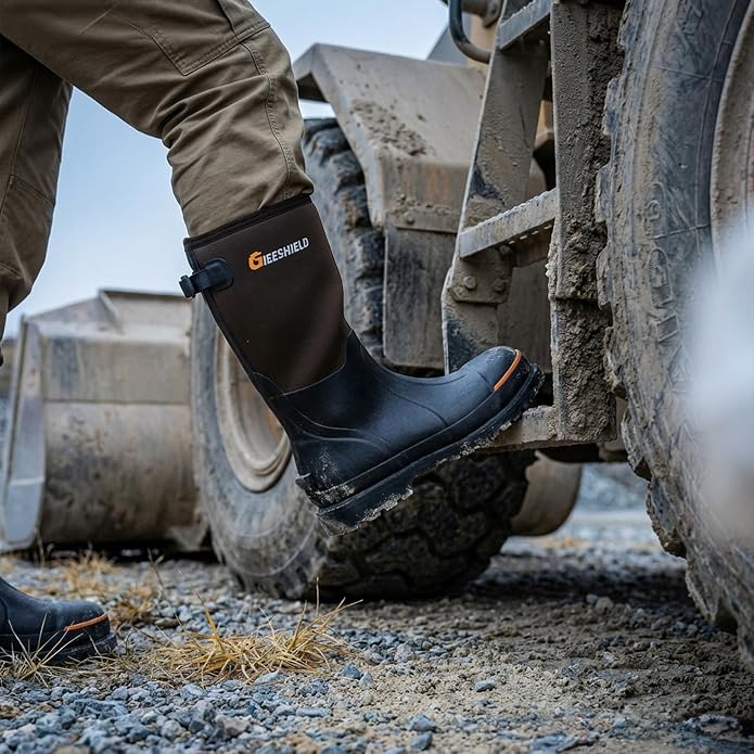 Men's Rubber Work Boots with Steel Toe & Shank, Waterproof & Anti-Slip, 6mm Neoprene, Durable Brown Rubber Boot for Construction, Farming, Manufacturing, Sizes 7-14