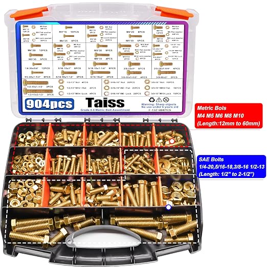 Taiss 904pcs Grade 8.8 Metric Bolt Assortment & SAE Nuts and Bolts Assortment Kit,M4 M5 M6 M8 M10 1/4-20,5/16-18,3/8-16 1/2-13(12-60mm) Heavy Duty Hex Bolt Washer Yellow Zinc Plated,with Handheld Box