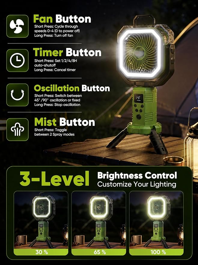 Portable Misting Fan, Rechargeable Camping Fan with 400ml Tank, 20000mAh Battery, Remote Control, LED Light, 4 Speeds, Oscillating Outdoor Fan for Tent, Patio, Beach, RV, Garage, Indoor Outdoor, Green