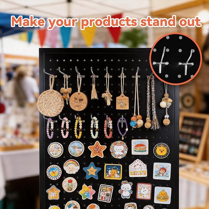 2'×5.5' Standing Peg Board Display Stand with Wheels & 30 Hooks & T-Base, Metal Portable Heavy Duty Pegboard Display Rack with Locking Casters for Retail Store, Craft Show, Vendors, Art Display Black