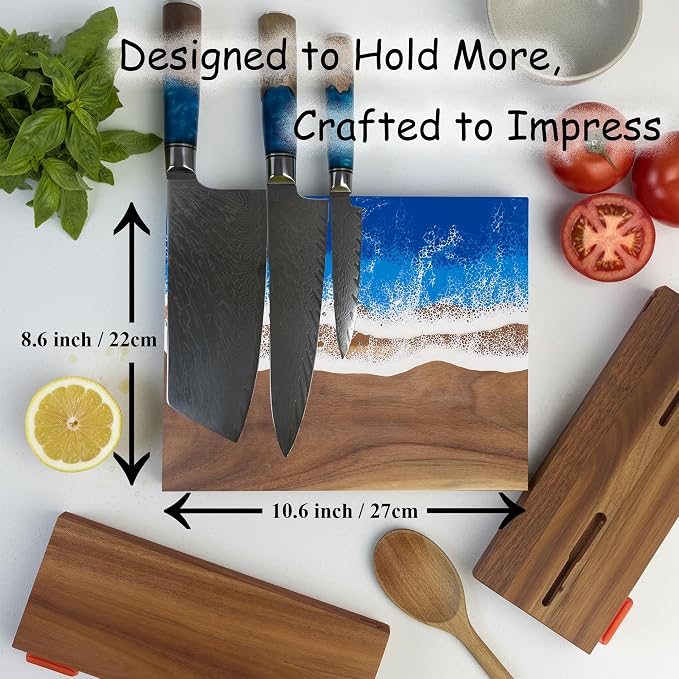 Magnetic Knife Holder Stand Acacia Wood Resin Knives Block Holder with Unique Ocean Wave Resin Design & Dish Holder for up to 9″ Knives Kitchen Storage Solution Chef Gift (Without Knives)