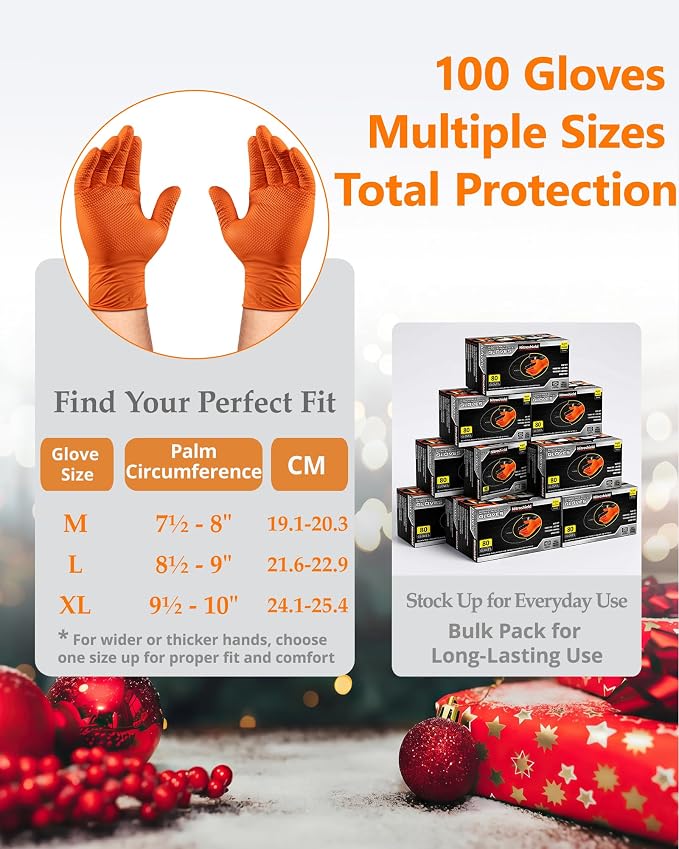 wcy 9 Mil Heavy Duty Orange Nitrile Gloves,Raised Diamond Texture Grip,Industrial Mechanic Rubber Gloves Disposable Latex Free Chemical Resistant Guantes for Work,Cooking,Food Safe - XLarge,80Count