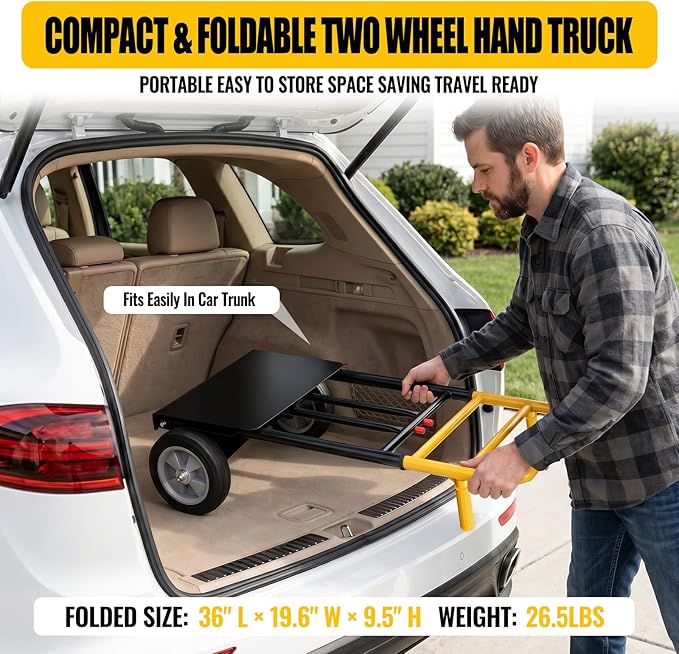 Folding Hand Truck Dolly Cart, 800 lb Capacity, Compact Foldable, Alloy Steel Frame, Adjustable Handle 47.5 to 51.5 Inches, Heavy-Duty 8 Inch Solid Rubber Wheels, for Moving, Warehouse, Home Office