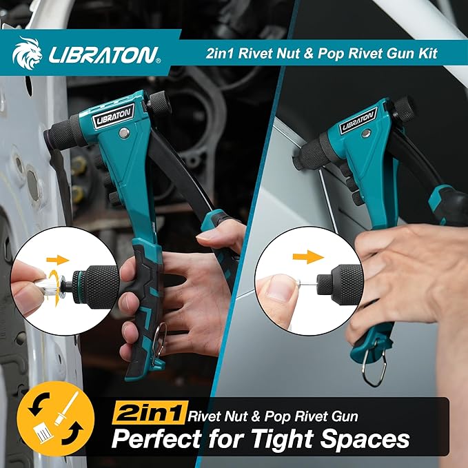 LIBRATON 2in1 Rivet Nut and Pop Rivet Gun Kit, with 8 Mandrels (Metric & SAE), 4 Nose Pieces (2.4-4.8mm), 80 Nuts and 200 Rivets, Adjustable Riveting Tool for DIY & Repair with Carrying Case