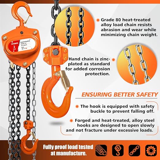 YATOINTO Chain Hoist 2 Ton(4400Lbs) Capacity 10FT Manual Hand Lift Steel Chain Block Hoist with 2 Heavy Duty Hooks Industrial Grade Steel Structures for Garages Automotive Machinery (2 Ton (4400lb))