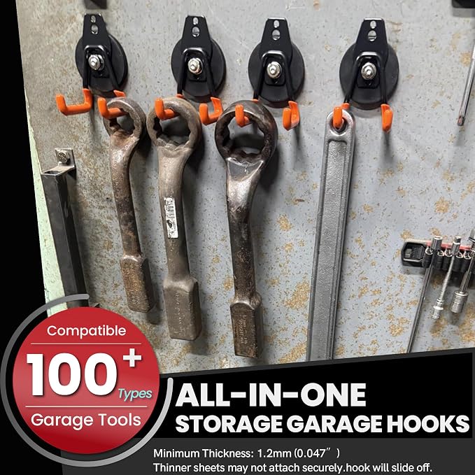 ULIBERMAGNET Heavy Duty Magnetic Garage Hooks,8 Pack Strong Large Magnet Hooks for Power Drill,Garden Tools,Hose,Pegboard,Garage, Workshop,Magnetic Storage Hooks for Indoor Outdoor Hanging(Orange)
