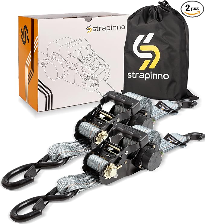 Strapinno Retractable Ratchet Tie-Down Straps,5,000 lbs Breaking Strength- 2 in x 12 ft Heavy Duty Ratchet Strap with Safety Lock S Hooks for Motorcycles, ATVs, UTVs, Lawn Equipment & Cargo (Gray)