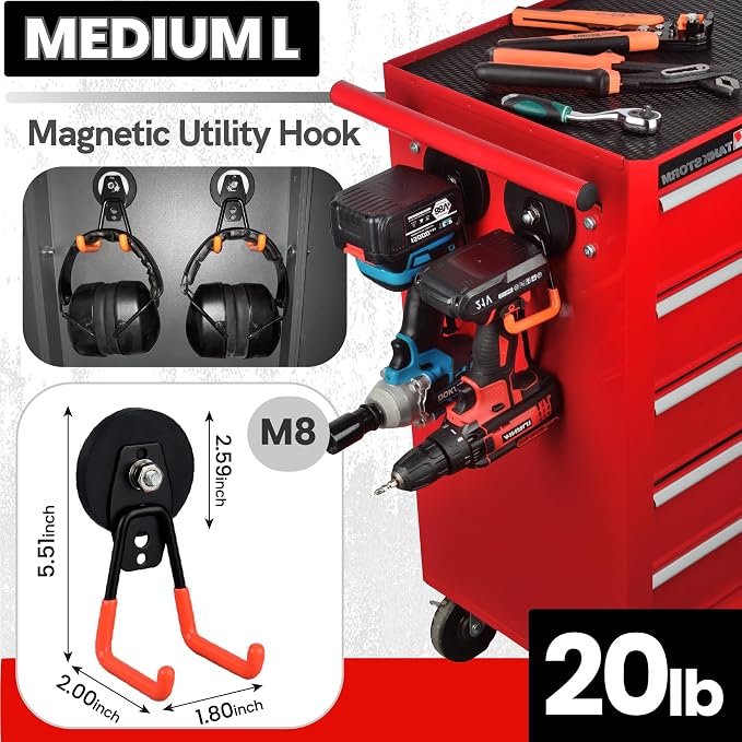 ULIBERMAGNET Heavy Duty Magnetic Garage Hooks,12 Pack Strong Large Magnet Hooks for Power Drill,Garden Tools,Hose,Pegboard,Garage, Workshop,Magnetic Storage Hooks for Indoor Outdoor Hanging(Orange)