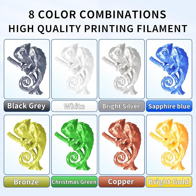 RAMBERY 250gx8 Silk PLA Filament Bundle 1.75mm 3D Printer Filaments, 8 Colors 250g Spool, Black/White/Silver/Green Bronze/Gemstone Blue/Christmas Green/Red Bronze/Yellow