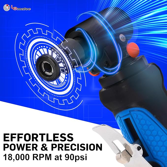 LE LEMATEC Right Angle Die Grinder, 20,000 RPM Pneumatic Air, 90 Degree | Spindle Lock, 1/4in Collet, Auto Detailing, Deburring, Polishing, Weld Prep, Mini, 1.4 lb