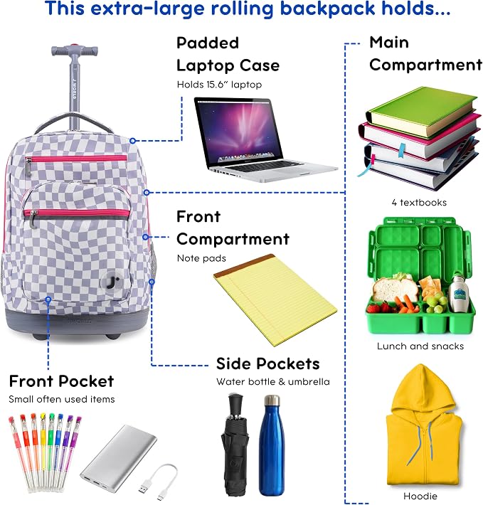 J World Sundance Laptop Rolling Backpack for Girls Boys. Roller Bookbag with Wheels, 20 Inch, Lavender Checkers