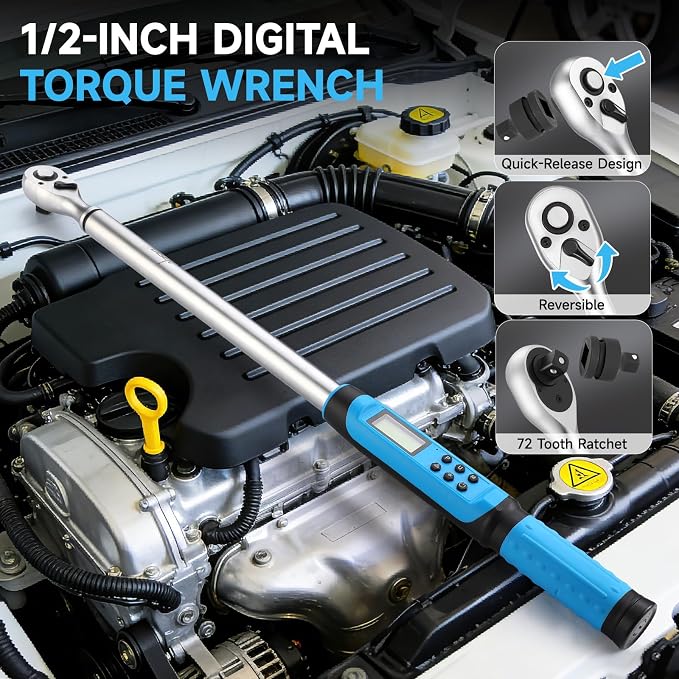 DISEN 1/2 inch Digital Torque Wrench (17-340 N.m / 12.5-250.8 Ft.lb), ±2% Accuracy, 4 Modes with Adjustable Limits, Blue/Red Alarm & Buzzer, 5 Units, for Automotive Motorcycle Bicycle Repair