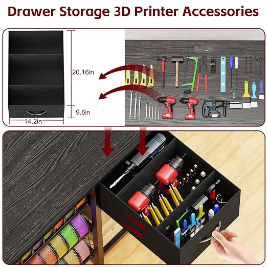 3D Printer Stand with Filament Storage Rack, Black 3D Printer Table with Power Outlet, 3-Tier Filament Holder with Drawer, 3D Printer Filament Stand Organized for Office Workshop Studio