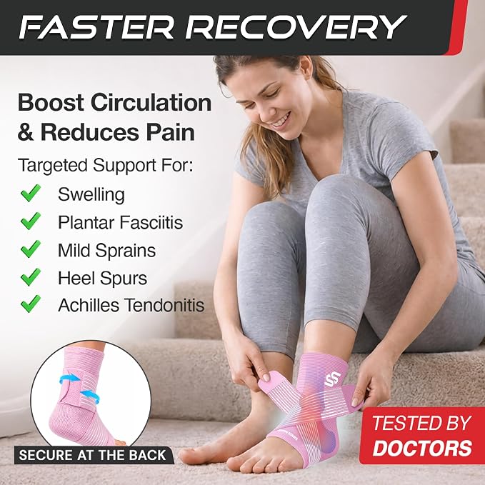 Sleeve Stars Ankle Brace for Women & Men, Ankle Wrap for Sprained Ankle, Compression Sleeve for Plantar Fasciitis Relief, Easy Customizable Support: w/Removable Strap (Single/L:12"-13"/Baby Pink)
