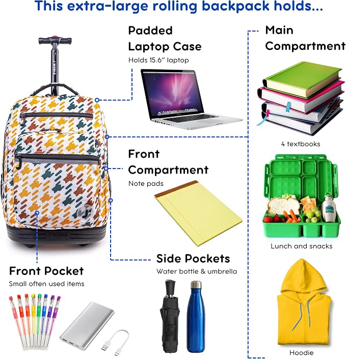 J World Sundance Laptop Rolling Backpack for Girls Boys. Roller Bookbag with Wheels, 20 Inch, Vivid Tweed