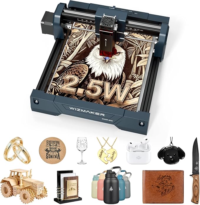 WIZMAKER Wand MINI 2.5W Laser Engraver, Compact Engraving Machine for Wood Acrylic Glass, 135×145 mm Working Area, High‑Precision 0.04 mm Spot, Beginner DIY Laser Cutter 2500mW