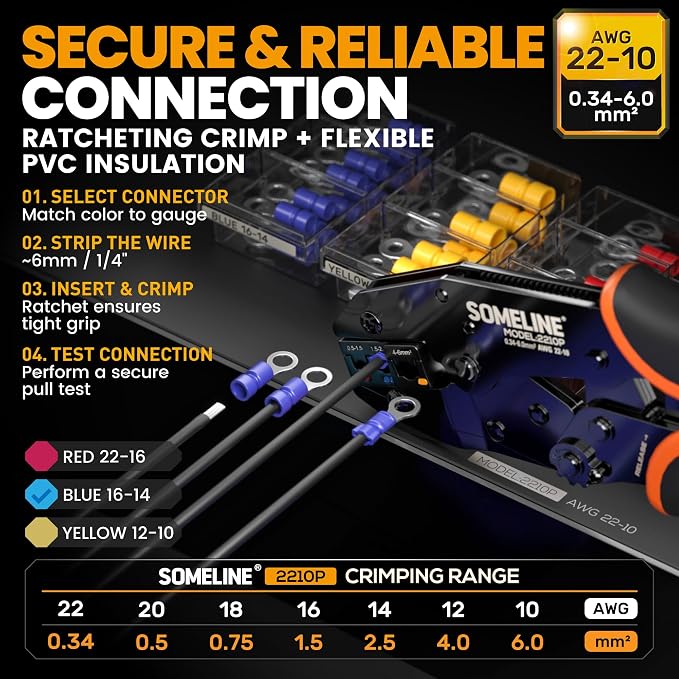 SOMELINE Wire Connectors Kit with Crimping Tool, 30 Types (UL Listed) Premium Electrical Terminals Assortment, 22-10 AWG Ratchet Crimper - Ring, Fork, Butt, Pin, Blade, Quick Disconnects (210 Pcs)