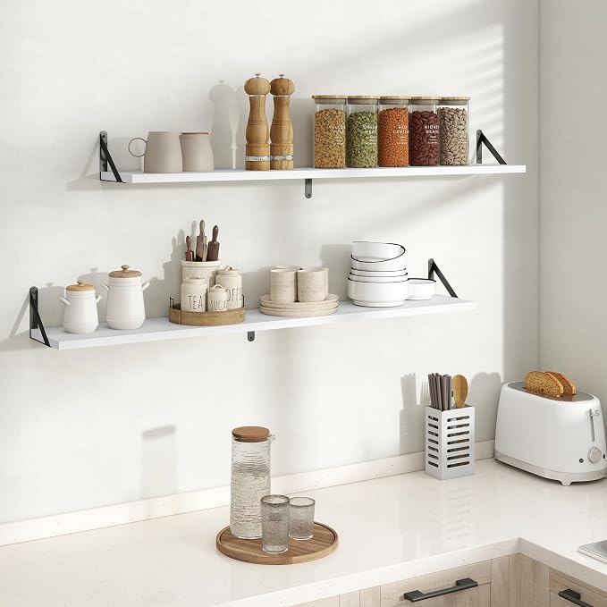 Floating Shelves 8 Inch Deep, 48W x 8D Wall Shelf Set of 2, 70 lbs Heavy Duty Reversible Metal Brackets, Industrial Book Shelf for Living Room Kitchen Bathroom Bedroom Gallery Wall, White