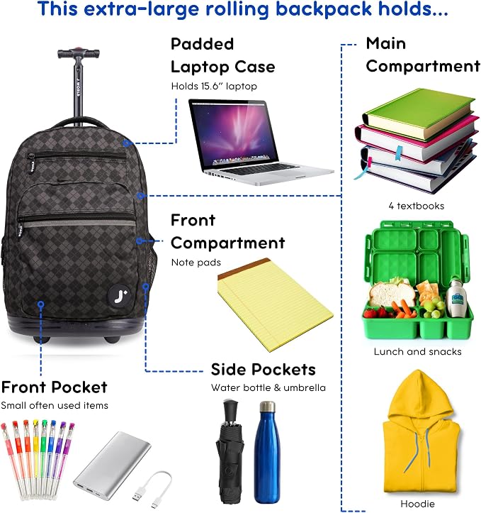 J World Sundance Laptop Rolling Backpack for Girls Boys. Roller Bookbag with Wheels, 20 Inch, Argyle Black