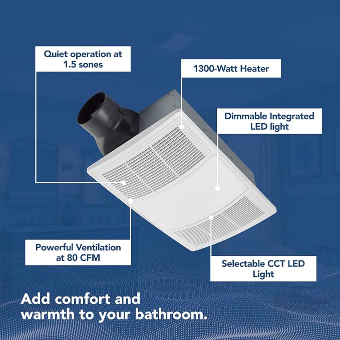 Broan-NuTone Bathroom Exhaust Fan with Heater Quiet 1.5 Sones, 80 CFM and 3-Level CCT Lighting, Powerful Ventilation and Warm Comfort for Any Bathroom