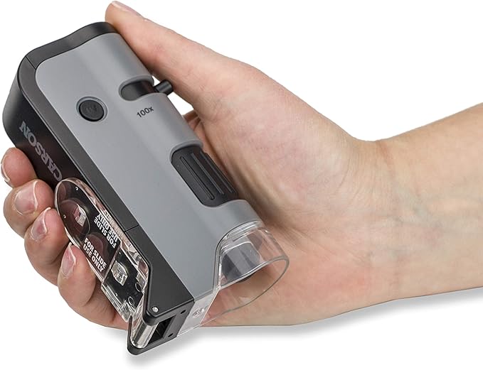 Carson MicroFlip 100x-250x LED and UV Lighted Pocket Microscope with Flip Down Slide Base and Adapter with CarsonCam Phone App - Bundle Included with 24 Prepared Insect and Animal Slides (MP-250BUN)
