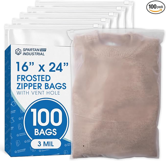 Spartan Industrial - 16" X 24" (100 Count) 3 Mil Frosted Zipper Bags With Vent Hole - Extra Large Plastic Bags for Packaging Multiple Jackets, Linens, Wigs