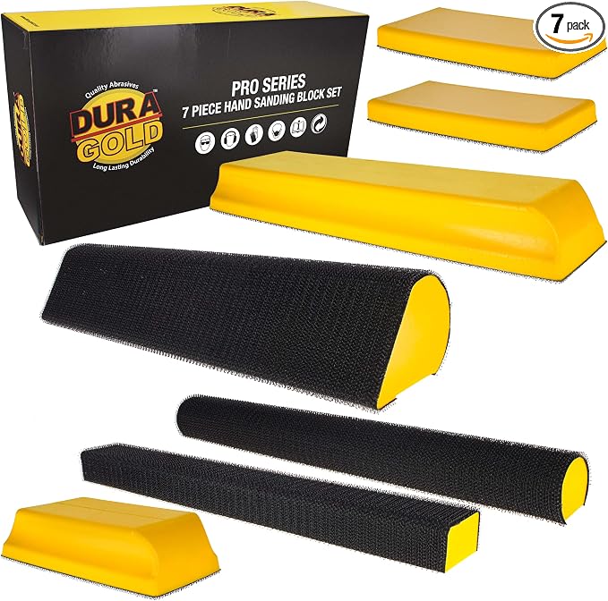 Dura-Gold 7-Piece Hand Sanding Block Set - 5" to 10-3/4" Long, Handheld Hook & Loop Sander Pads - Rectangle, Flat, Round, Curved, Contoured Shapes - Sand Wood Woodworking, Auto Body Paint & Detailing