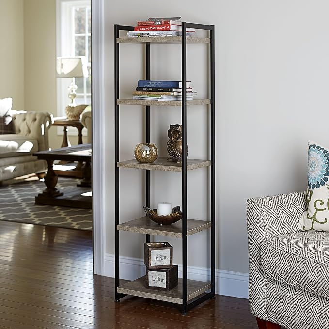 Household Essentials 5 Tier Storage Tower Metal, Grey Shelf – Black Frame, Ashwood