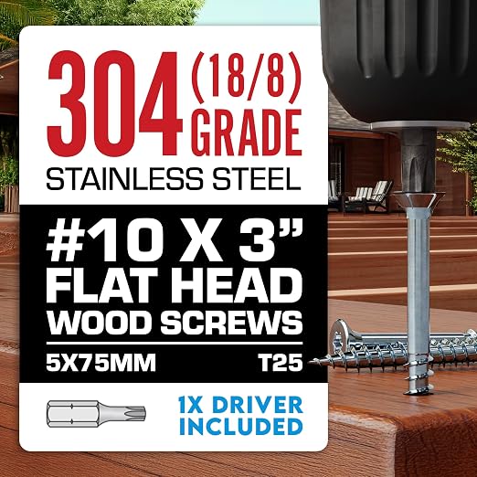 #10 x 3 Inch Stainless Steel Deck Screws | 304 Grade (1000 Pack) | Flat Head T25 Star Torx Drive | Stainless Steel Screws by Eagle Claw Fasteners | Corrosion & Rust Resistant (Includes Driver Bit)