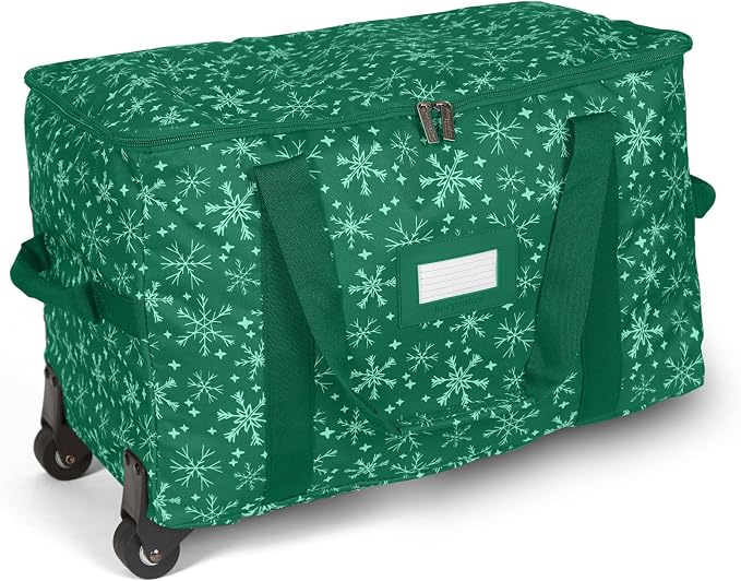 Covermates Keepsakes Rolling Treasurekeeper Storage Bag – Heavy-Duty Polyester with Dual Wheels & Handles – Protects Holiday Decorations with ID Window & Dual Zipper Access, Green Snowflake