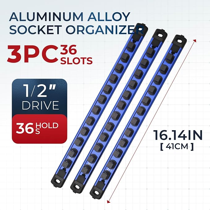 Reniteco Magnetic Socket Organizer Set, 3PC 1/2-Inch Drive Aluminum Alloy Socket Rail, Heavy Duty Magnetic Socket Holder for Tool Box Drawer, 360° Swivel Socket Rack, 1/2" x 36 Clips, Blue