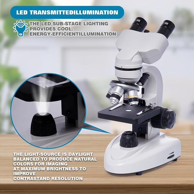 SELFIE CAT 200X-5000X Binocular Compound Microscope for Adults & Students | Wide-field optics, 4 achromatic objectives, mechanical stage, coaxial focus and phone adapter for school, home and lab use.