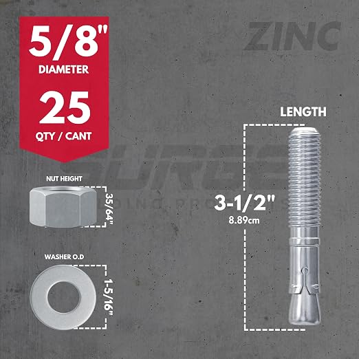 5/8 x 3-1/2" Zinc-Plated Wedge Anchors for Concrete and Cement | Heavy-Duty 5/8 Concrete Anchors (Box of 25)