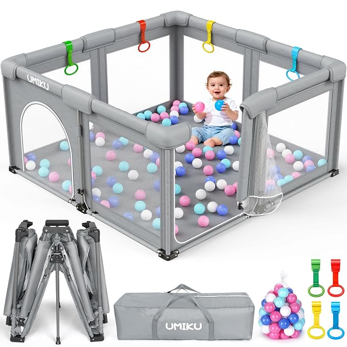 Baby Playpen Foldable Playpen for Babies and Toddlers, Large Playpens Portable Play Pen Safety Area for Kid Fence Travel Indoor Outdoor Baby Boy Girl Gifts Newborn Essentials 50"X50" Grey
