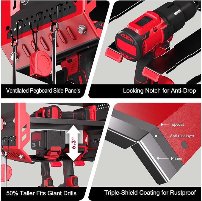 Christmas Gift for Men - End His Garage Clutter | Red Power Tool Organizer Wall Mount with Charging Station | All-in-One 3-Tier Heavy Duty Tool Rack with 420lb Capacity for Dad, Husband, DIYers