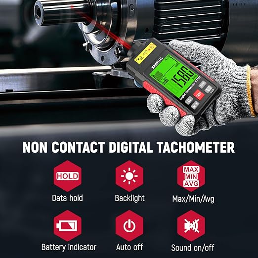 KAIWEETS Non Contact RPM Tachometer with Reflection Tape, 10-99999 RPM High Accuracy Laser Digital Tachometer with Large LCD, RPM Meter with Backlight, Data Hold, and Max/Min/AVG Function