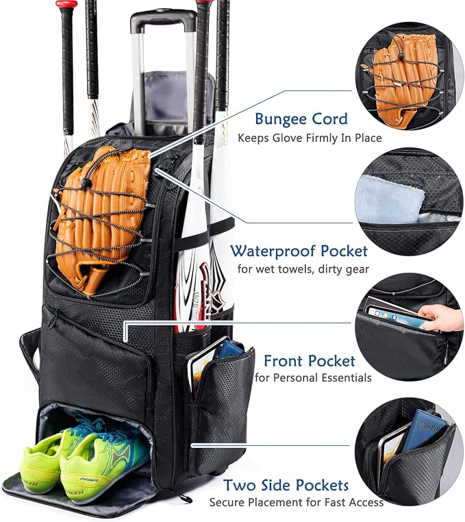 Large Rolling Baseball Catchers Gear Bag with Wheels, Softball Bag with Hard Backing for 4 Bats,Equipment Bag with Separate Shoe & Helmet Compartments, Youth Baseball Bag with 360° Spinner Wheels